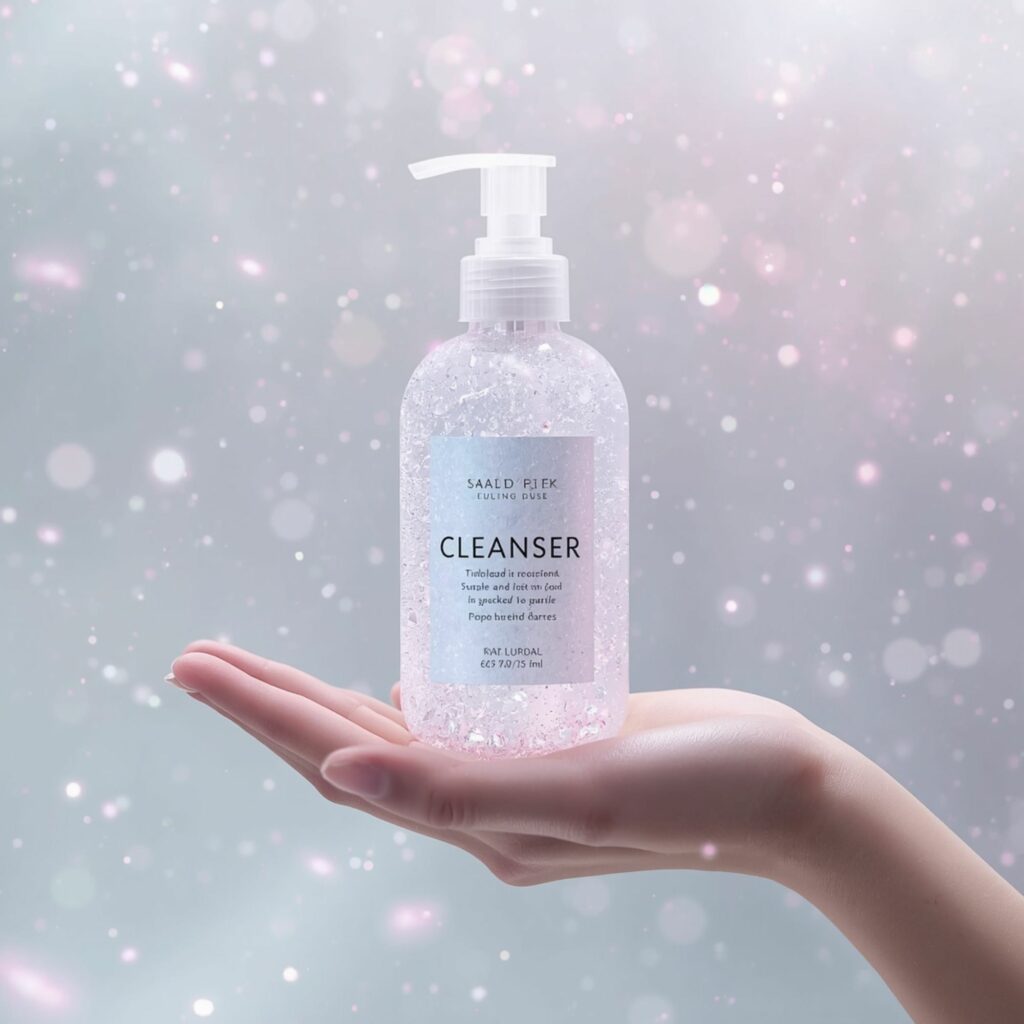A hand holding a bottle of cleanser.