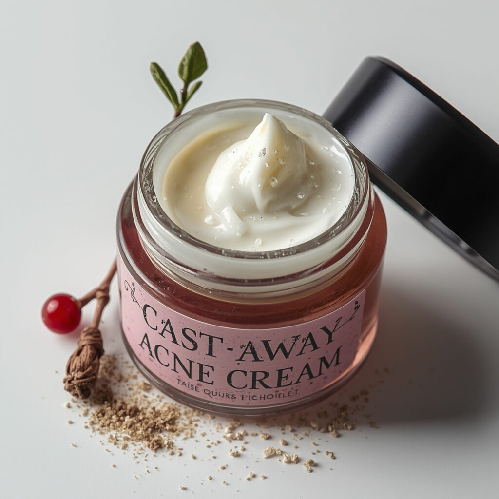 An open container of Skin Dust brand acne cream.